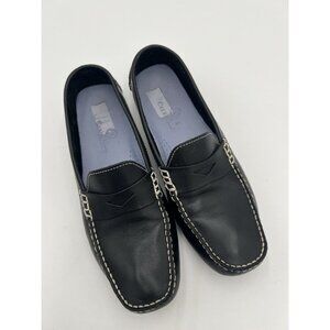 COLE HAAN Driving Shoes Loafers In Black Leather Cream Topstitch Size 8 AA EUC